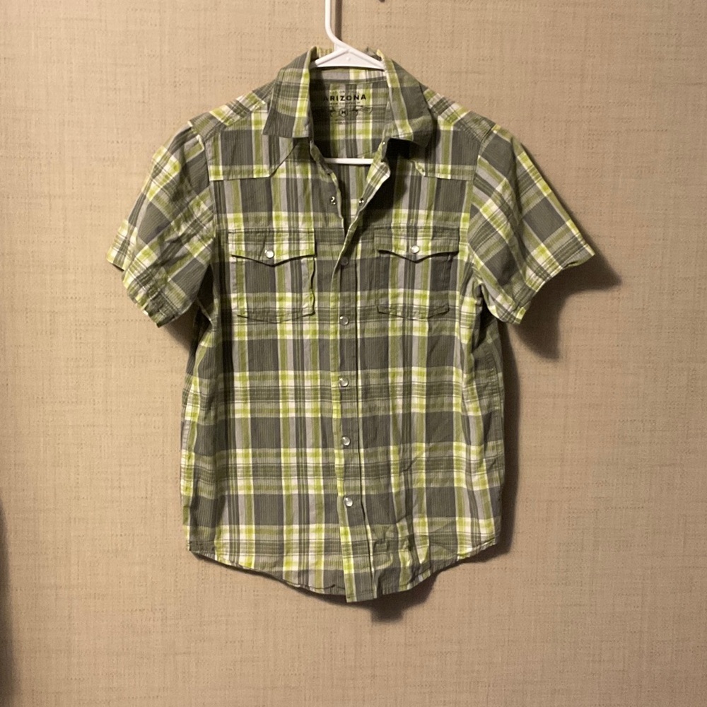 Arizona Jean Company Green and Yellow Plaid Button Down Shirt